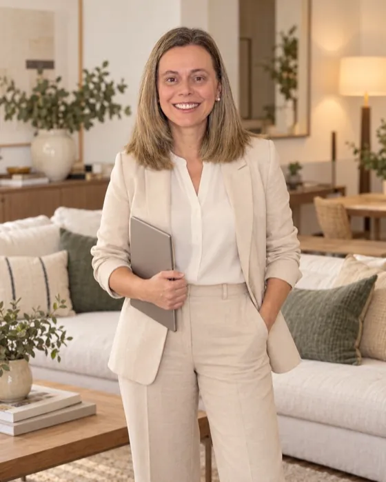 Inma, personal shopper inmobiliaria, con una tablet en el salón de una vivienda