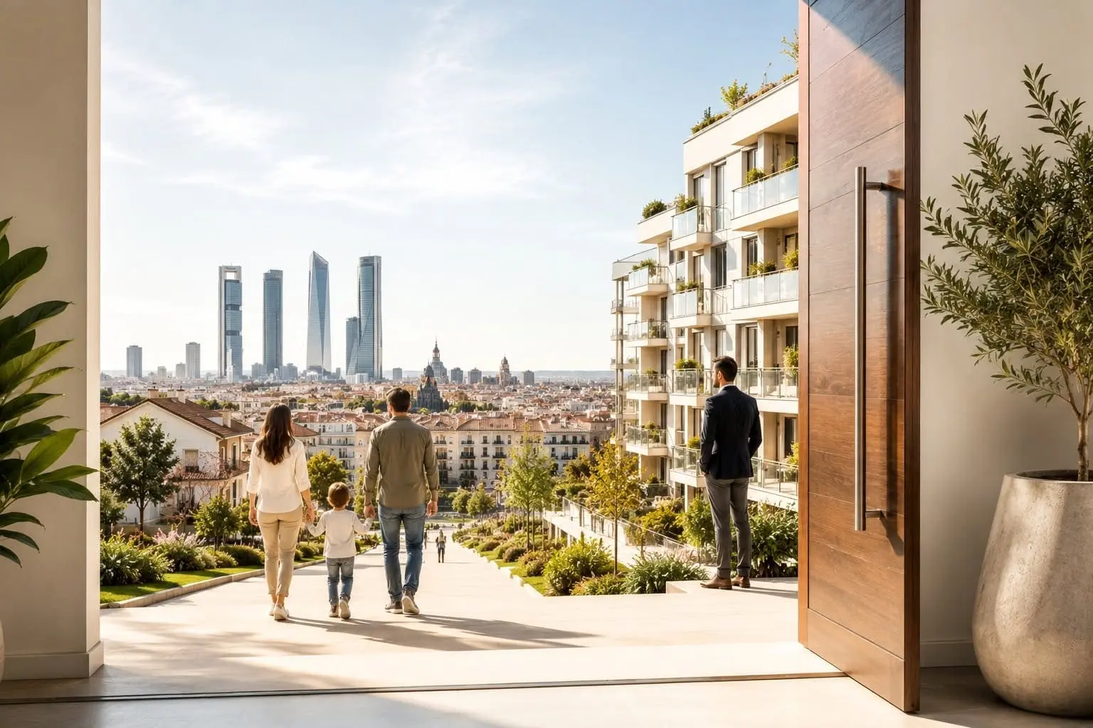 Una familia y un asesor ante una panorámica residencial de Madrid